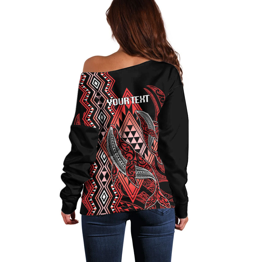 Aotearoa Iwi Ngapuhi Personalised Off Shoulder Sweater NZ Maori Humpback Whale Taniko Motifs LT14 - Polynesian Pride