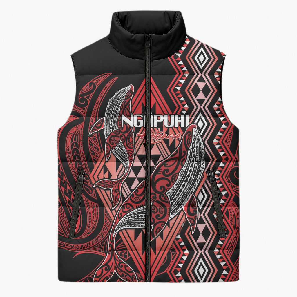 Aotearoa Iwi Ngapuhi Personalised Sleeveless Puffer Jacket NZ Maori Humpback Whale Taniko Motifs LT14 Unisex Red - Polynesian Pride
