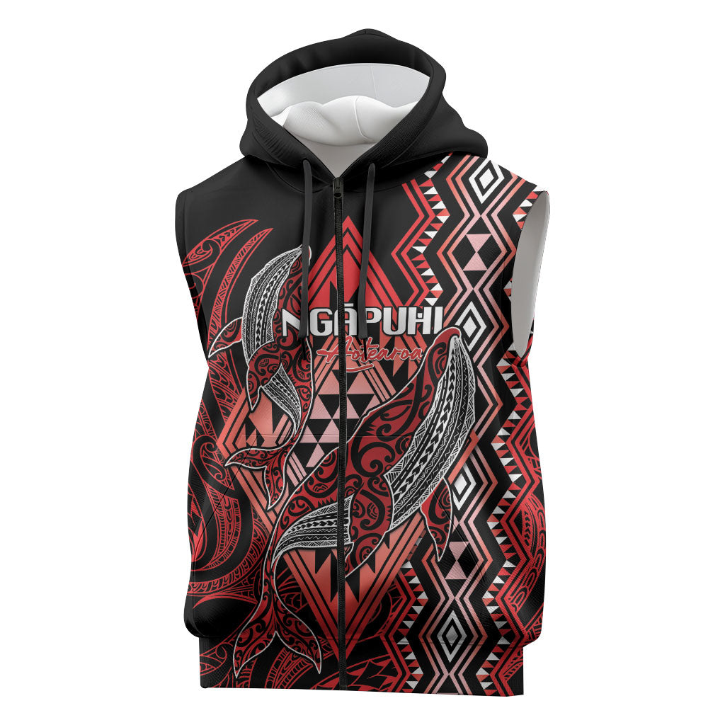 Aotearoa Iwi Ngapuhi Personalised Sleeveless Zip Hoodie NZ Maori Humpback Whale Taniko Motifs LT14 Red - Polynesian Pride