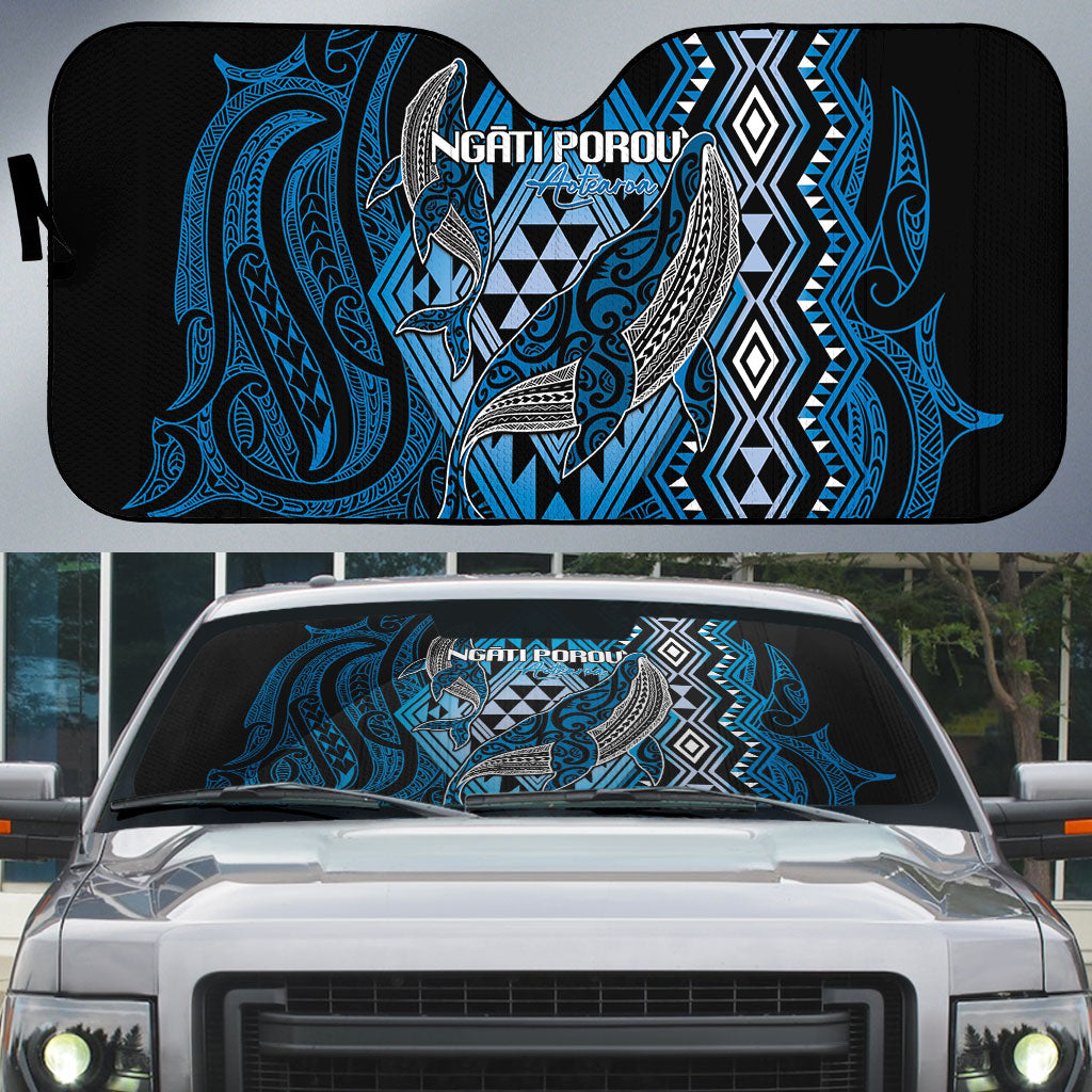 Aotearoa Iwi Ngati Porou Auto Sun Shade NZ Maori Humpback Whale Taniko Motifs LT14 Blue - Polynesian Pride