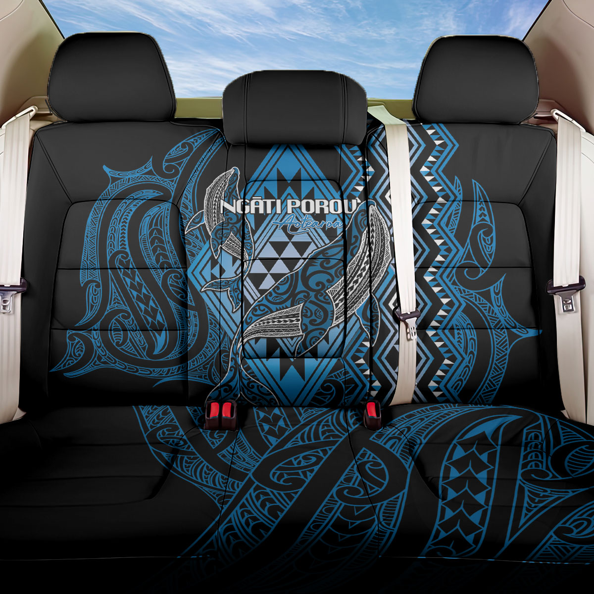 Aotearoa Iwi Ngati Porou Back Car Seat Cover NZ Maori Humpback Whale Taniko Motifs LT14 One Size Blue - Polynesian Pride