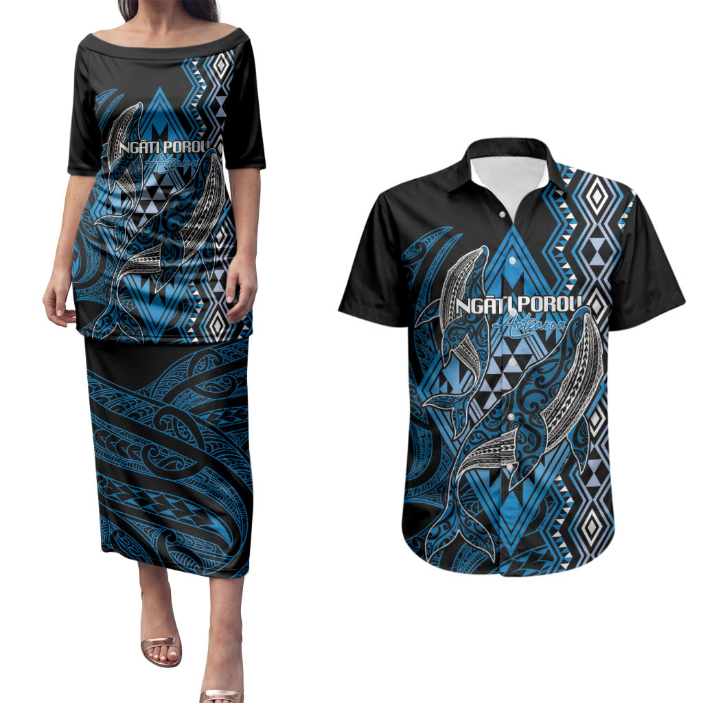 Aotearoa Iwi Ngati Porou Personalised Couples Matching Puletasi and Hawaiian Shirt NZ Maori Humpback Whale Taniko Motifs LT14 Blue - Polynesian Pride