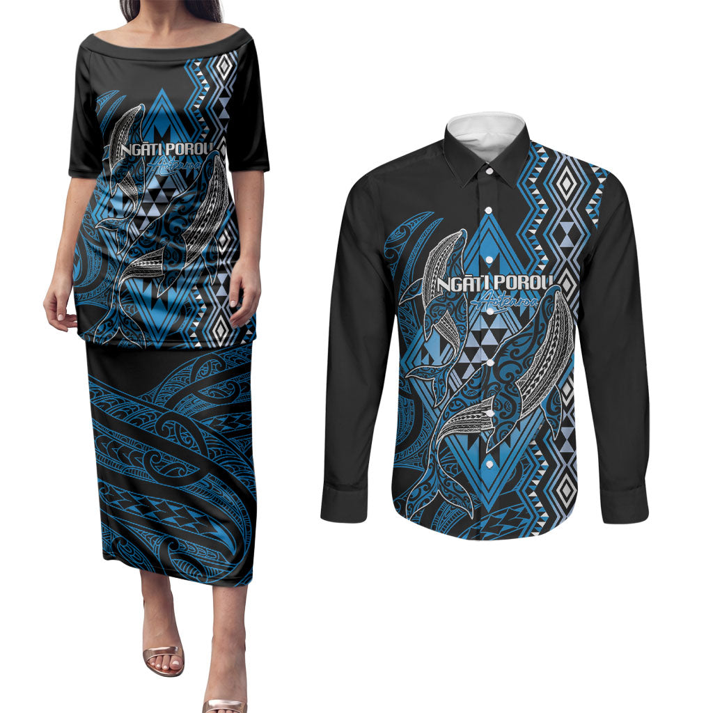 Aotearoa Iwi Ngati Porou Personalised Couples Matching Puletasi and Long Sleeve Button Shirt NZ Maori Humpback Whale Taniko Motifs LT14 Blue - Polynesian Pride