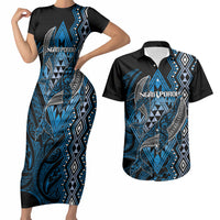 Aotearoa Iwi Ngati Porou Personalised Couples Matching Short Sleeve Bodycon Dress and Hawaiian Shirt NZ Maori Humpback Whale Taniko Motifs LT14 Blue - Polynesian Pride