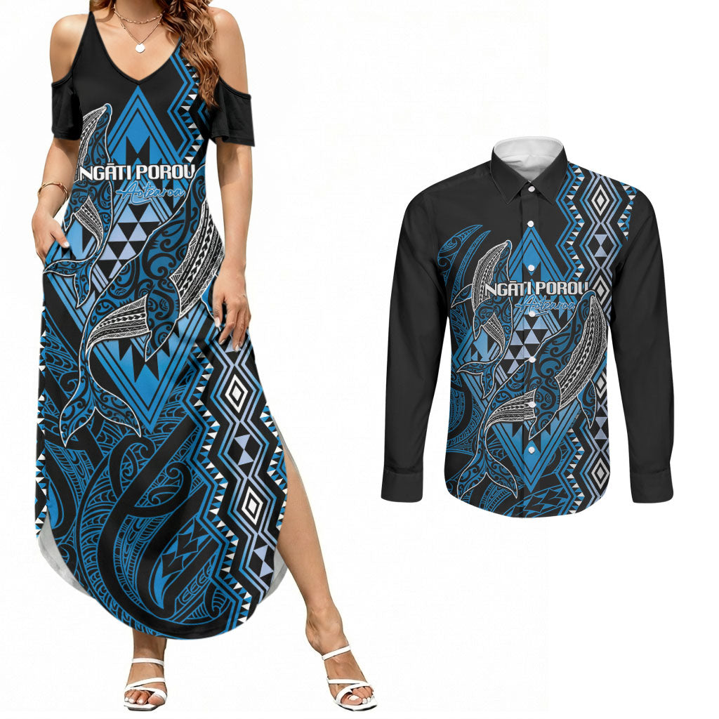 Aotearoa Iwi Ngati Porou Personalised Couples Matching Summer Maxi Dress and Long Sleeve Button Shirt NZ Maori Humpback Whale Taniko Motifs LT14 Blue - Polynesian Pride