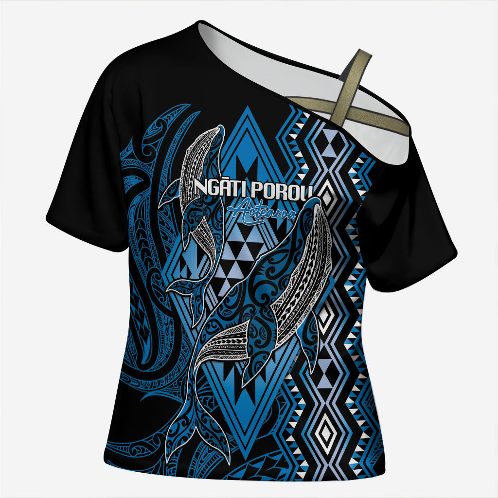 Aotearoa Iwi Ngati Porou Personalised Cross Shoulder Shirt NZ Maori Humpback Whale Taniko Motifs LT14 Female Blue - Polynesian Pride