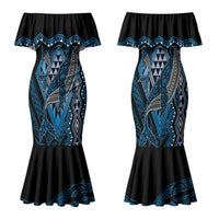 Aotearoa Iwi Ngati Porou Personalised Family Matching Mermaid Dress and Hawaiian Shirt NZ Maori Humpback Whale Taniko Motifs LT14 Mom's Dress Blue - Polynesian Pride