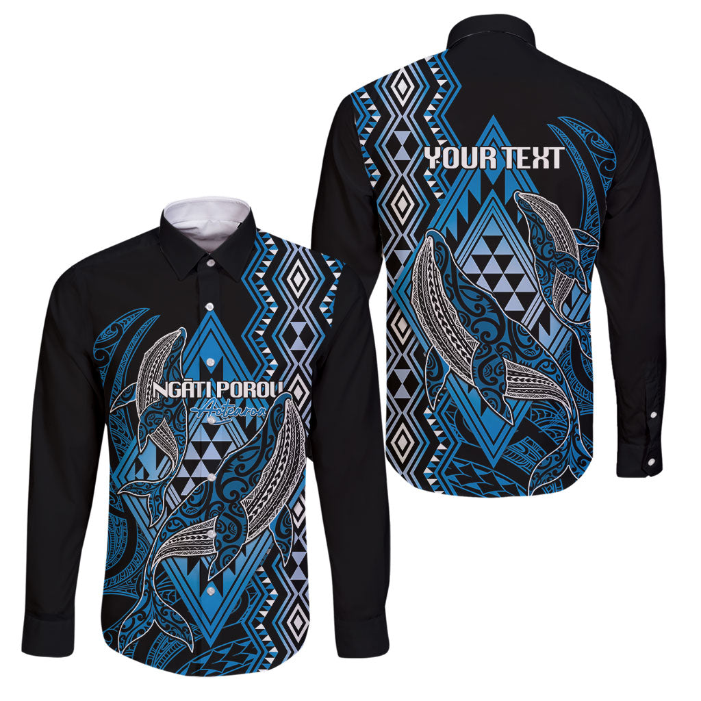 Aotearoa Iwi Ngati Porou Personalised Family Matching Off The Shoulder Long Sleeve Dress and Hawaiian Shirt NZ Maori Humpback Whale Taniko Motifs LT14 Dad's Shirt - Long Sleeve Blue - Polynesian Pride