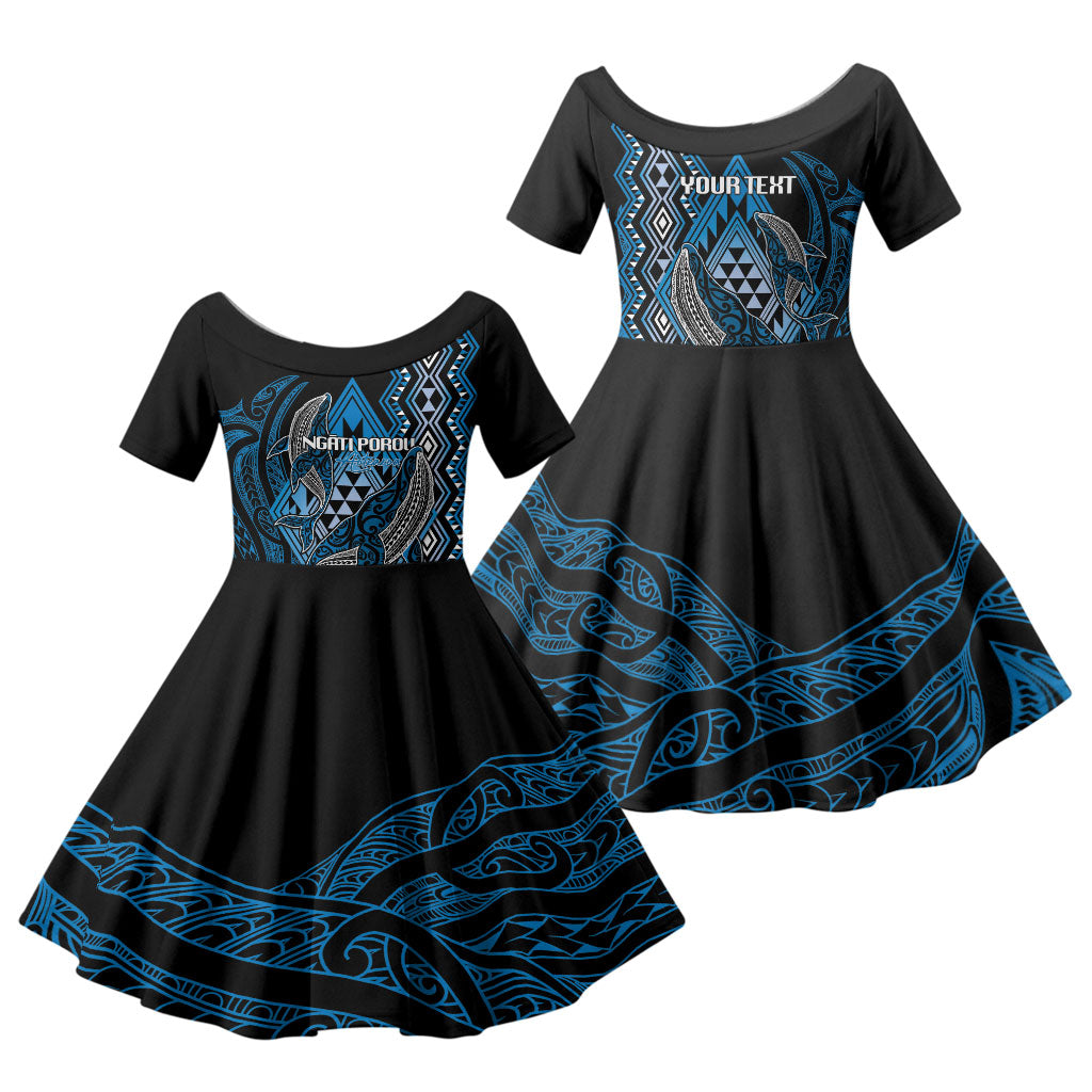 Aotearoa Iwi Ngati Porou Personalised Family Matching Off The Shoulder Long Sleeve Dress and Hawaiian Shirt NZ Maori Humpback Whale Taniko Motifs LT14 Daughter's Dress Blue - Polynesian Pride