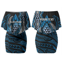 Aotearoa Iwi Ngati Porou Personalised Family Matching Off Shoulder Short Dress and Hawaiian Shirt NZ Maori Humpback Whale Taniko Motifs LT14 Mom's Dress Blue - Polynesian Pride