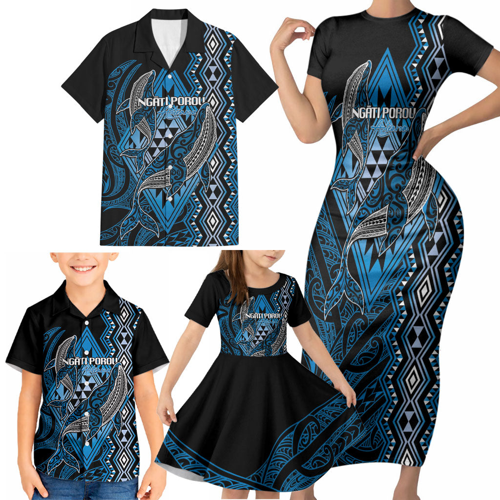 Aotearoa Iwi Ngati Porou Personalised Family Matching Short Sleeve Bodycon Dress and Hawaiian Shirt NZ Maori Humpback Whale Taniko Motifs LT14 - Polynesian Pride