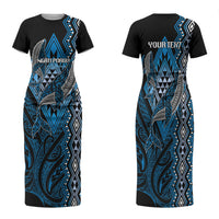 Aotearoa Iwi Ngati Porou Personalised Family Matching Short Sleeve Bodycon Dress and Hawaiian Shirt NZ Maori Humpback Whale Taniko Motifs LT14 Mom's Dress Blue - Polynesian Pride