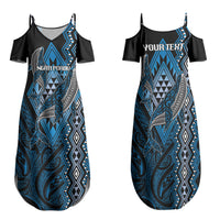 Aotearoa Iwi Ngati Porou Personalised Family Matching Summer Maxi Dress and Hawaiian Shirt NZ Maori Humpback Whale Taniko Motifs LT14 Mom's Dress Blue - Polynesian Pride