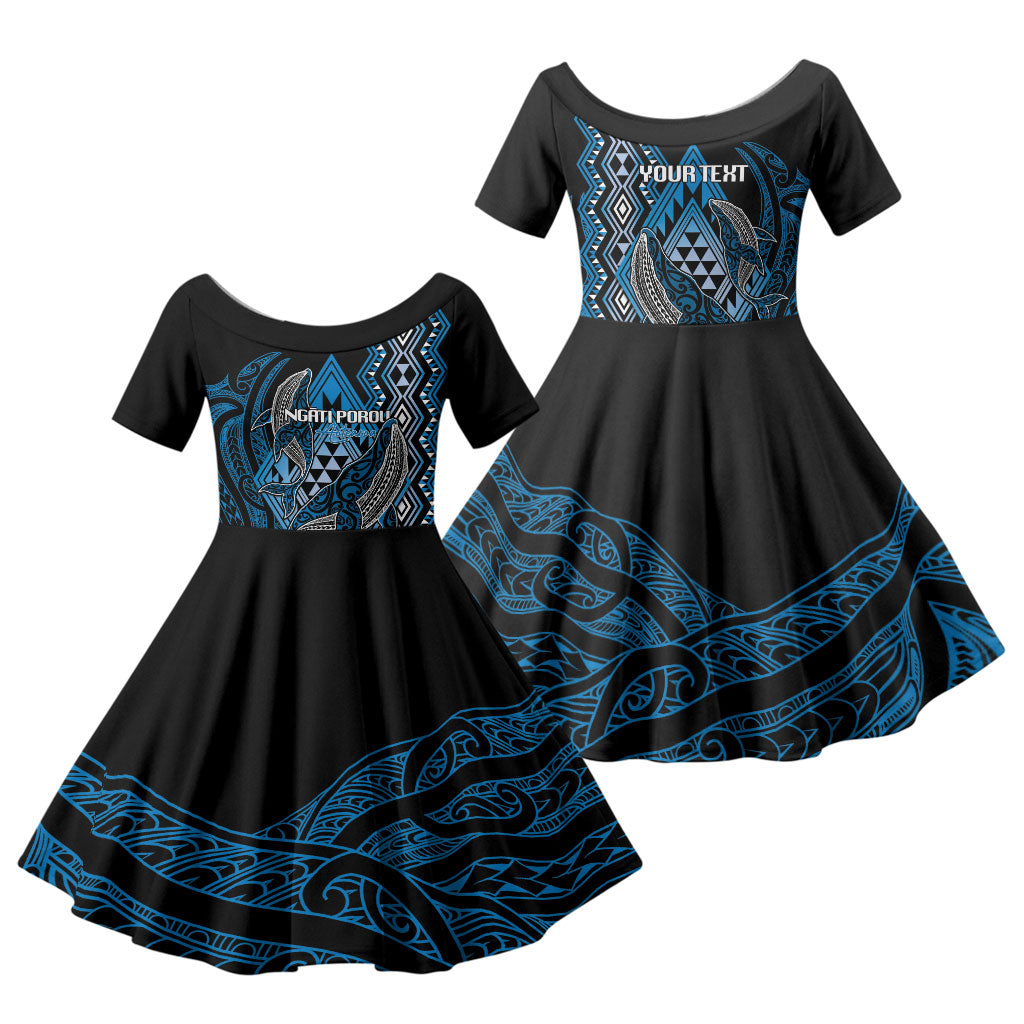 Aotearoa Iwi Ngati Porou Personalised Family Matching Summer Maxi Dress and Hawaiian Shirt NZ Maori Humpback Whale Taniko Motifs LT14 Daughter's Dress Blue - Polynesian Pride