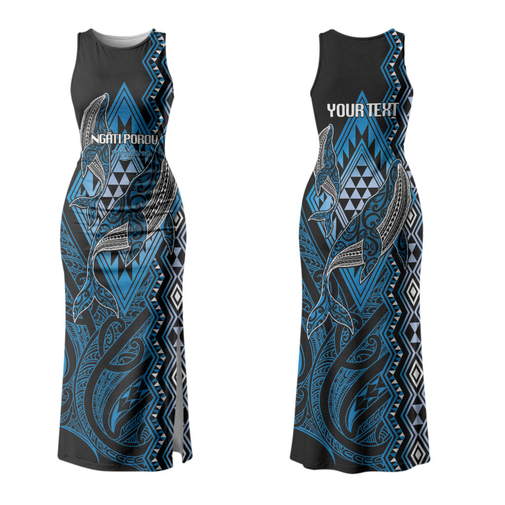 Aotearoa Iwi Ngati Porou Personalised Family Matching Tank Maxi Dress and Hawaiian Shirt NZ Maori Humpback Whale Taniko Motifs LT14 Mom's Dress Blue - Polynesian Pride