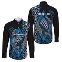 Aotearoa Iwi Ngati Porou Personalised Family Matching Tank Maxi Dress and Hawaiian Shirt NZ Maori Humpback Whale Taniko Motifs LT14 Dad's Shirt - Long Sleeve Blue - Polynesian Pride