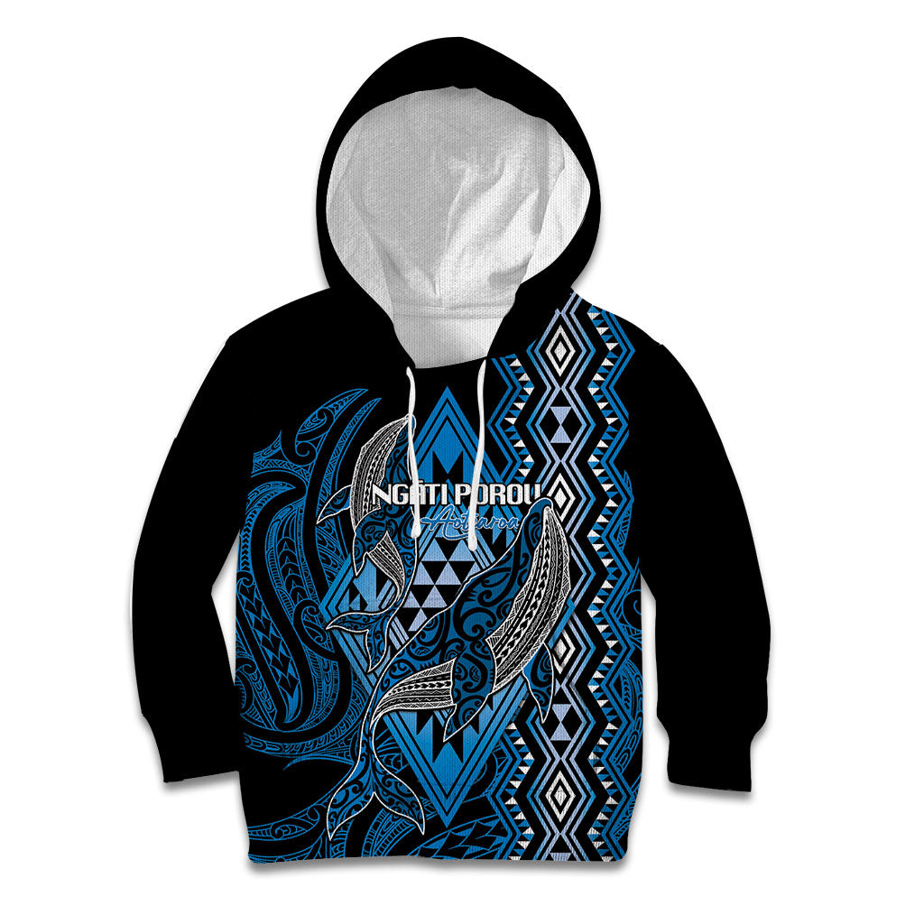 Aotearoa Iwi Ngati Porou Personalised Kid Hoodie NZ Maori Humpback Whale Taniko Motifs LT14 Hoodie Blue - Polynesian Pride