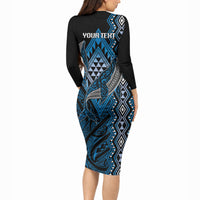 Aotearoa Iwi Ngati Porou Personalised Long Sleeve Bodycon Dress NZ Maori Humpback Whale Taniko Motifs LT14 - Polynesian Pride