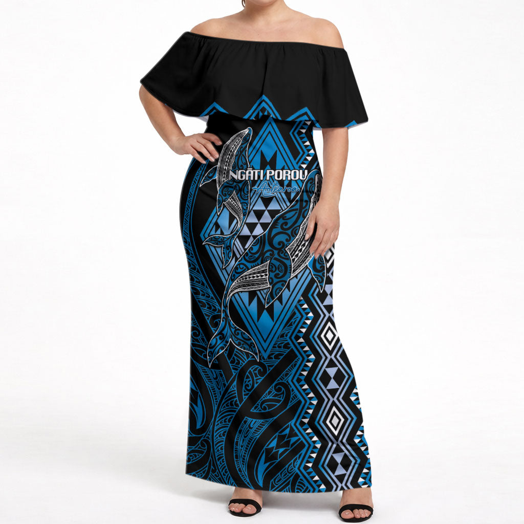 Aotearoa Iwi Ngati Porou Personalised Off Shoulder Maxi Dress NZ Maori Humpback Whale Taniko Motifs LT14 Women Blue - Polynesian Pride