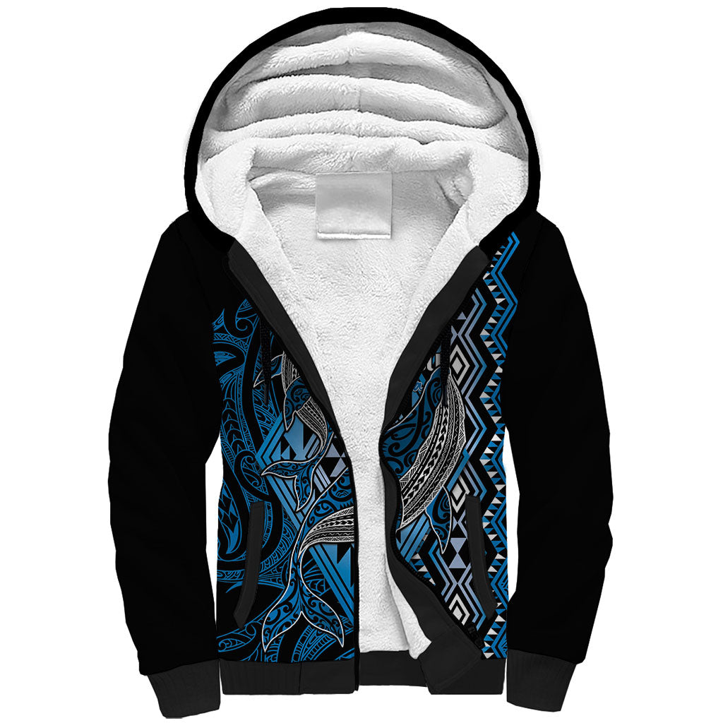 Aotearoa Iwi Ngati Porou Personalised Sherpa Hoodie NZ Maori Humpback Whale Taniko Motifs LT14 Unisex Blue - Polynesian Pride
