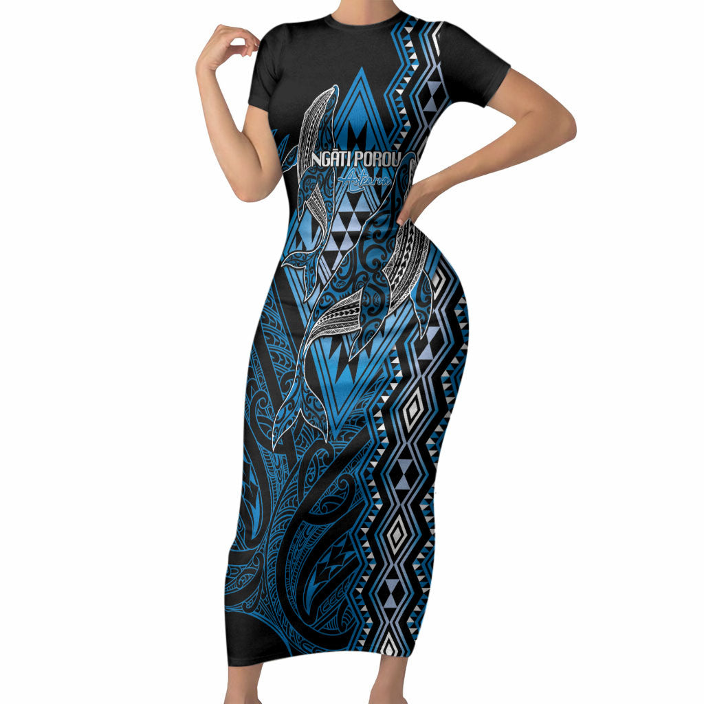 Aotearoa Iwi Ngati Porou Personalised Short Sleeve Bodycon Dress NZ Maori Humpback Whale Taniko Motifs LT14 Long Dress Blue - Polynesian Pride