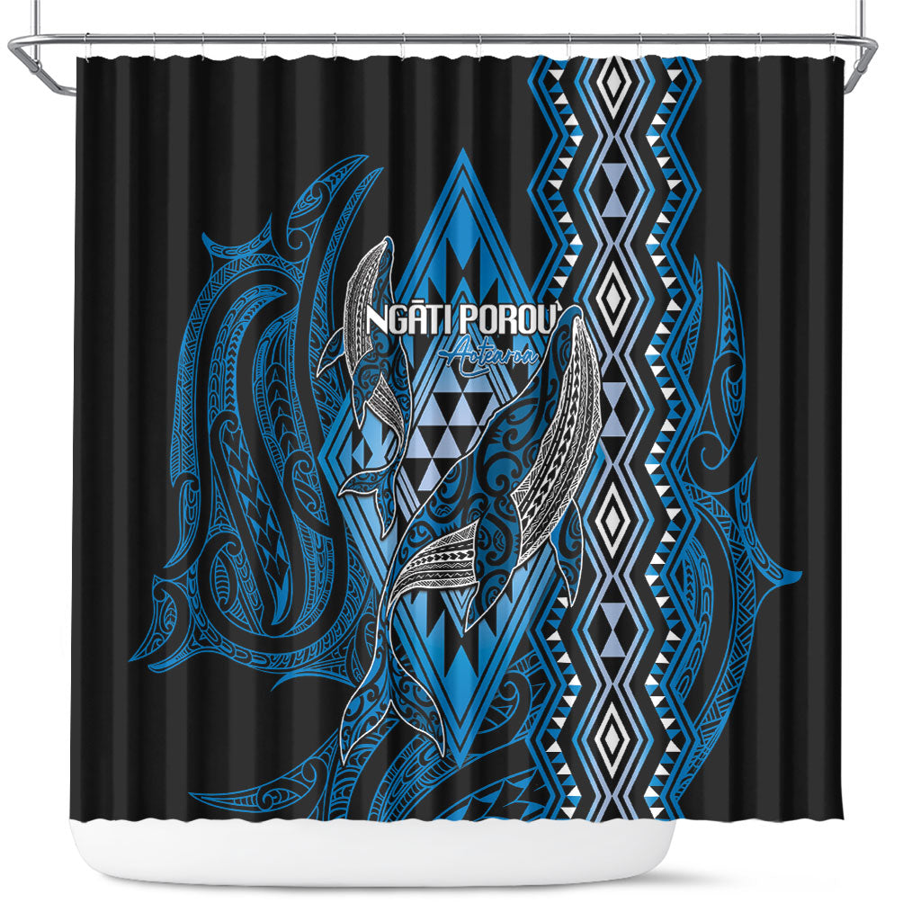Aotearoa Iwi Ngati Porou Shower Curtain NZ Maori Humpback Whale Taniko Motifs LT14 Blue - Polynesian Pride