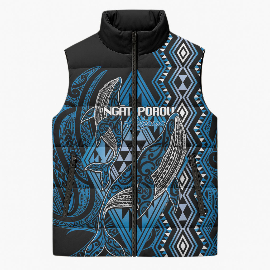 Aotearoa Iwi Ngati Porou Personalised Sleeveless Puffer Jacket NZ Maori Humpback Whale Taniko Motifs LT14 Unisex Blue - Polynesian Pride