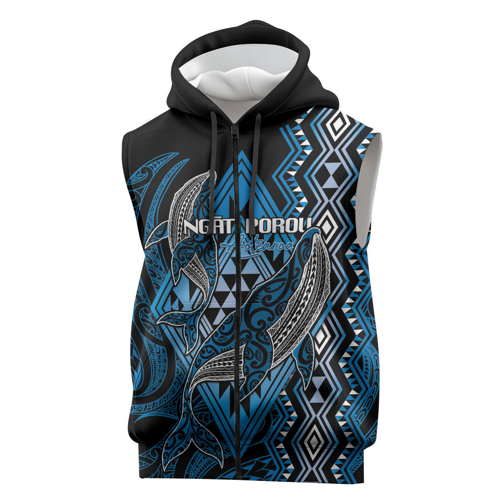 Aotearoa Iwi Ngati Porou Personalised Sleeveless Zip Hoodie NZ Maori Humpback Whale Taniko Motifs LT14 Blue - Polynesian Pride