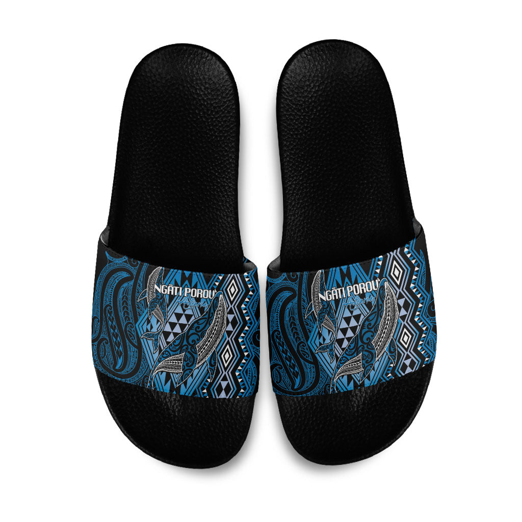 Aotearoa Iwi Ngati Porou Slide Sandals NZ Maori Humpback Whale Taniko Motifs LT14 Blue - Polynesian Pride