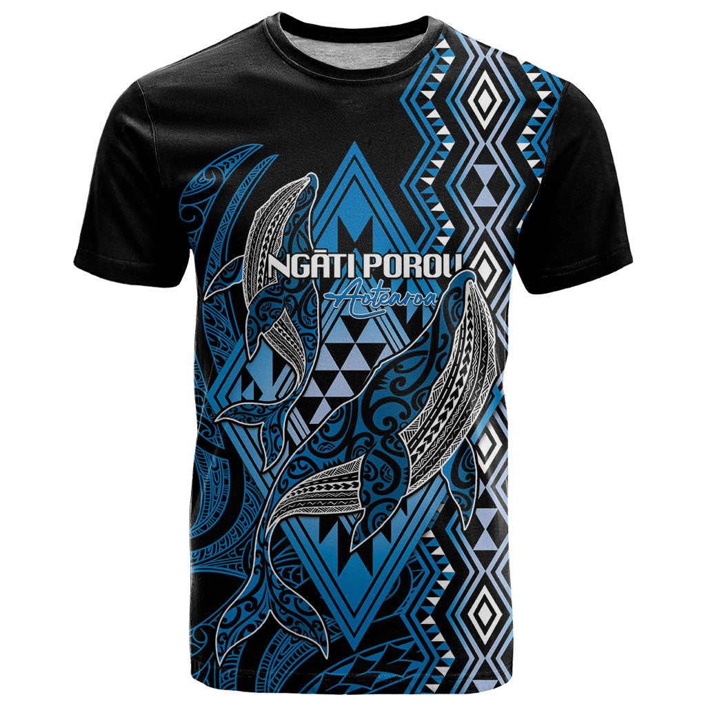 Aotearoa Iwi Ngati Porou Personalised T Shirt NZ Maori Humpback Whale Taniko Motifs LT14 Blue - Polynesian Pride