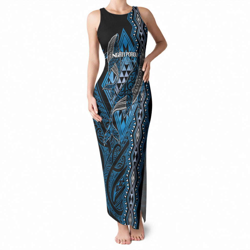 Aotearoa Iwi Ngati Porou Personalised Tank Maxi Dress NZ Maori Humpback Whale Taniko Motifs LT14 Women Blue - Polynesian Pride