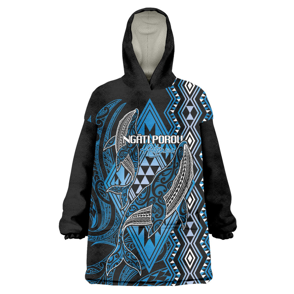 Aotearoa Iwi Ngati Porou Personalised Wearable Blanket Hoodie NZ Maori Humpback Whale Taniko Motifs LT14 One Size Blue - Polynesian Pride