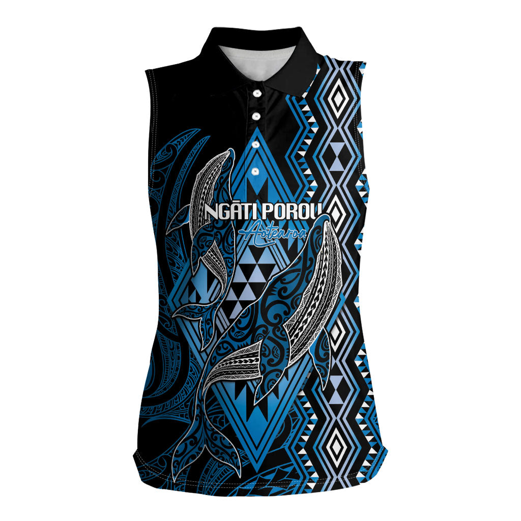 Aotearoa Iwi Ngati Porou Personalised Women Sleeveless Polo Shirt NZ Maori Humpback Whale Taniko Motifs LT14 Female Blue - Polynesian Pride