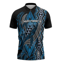 Aotearoa Iwi Ngati Porou Personalised Zipper Polo Shirt NZ Maori Humpback Whale Taniko Motifs LT14 Blue - Polynesian Pride