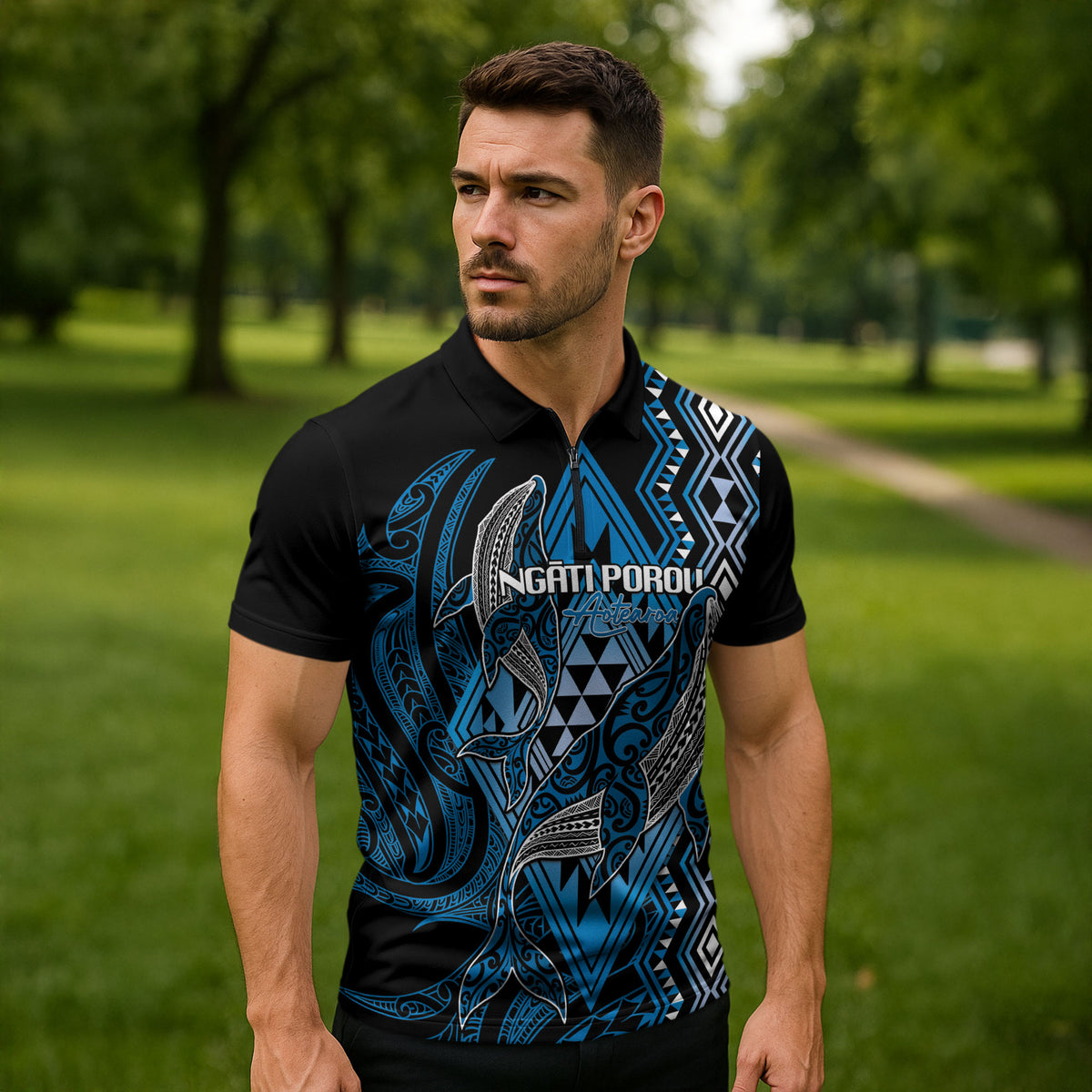 Aotearoa Iwi Ngati Porou Personalised Zipper Polo Shirt NZ Maori Humpback Whale Taniko Motifs LT14 - Polynesian Pride