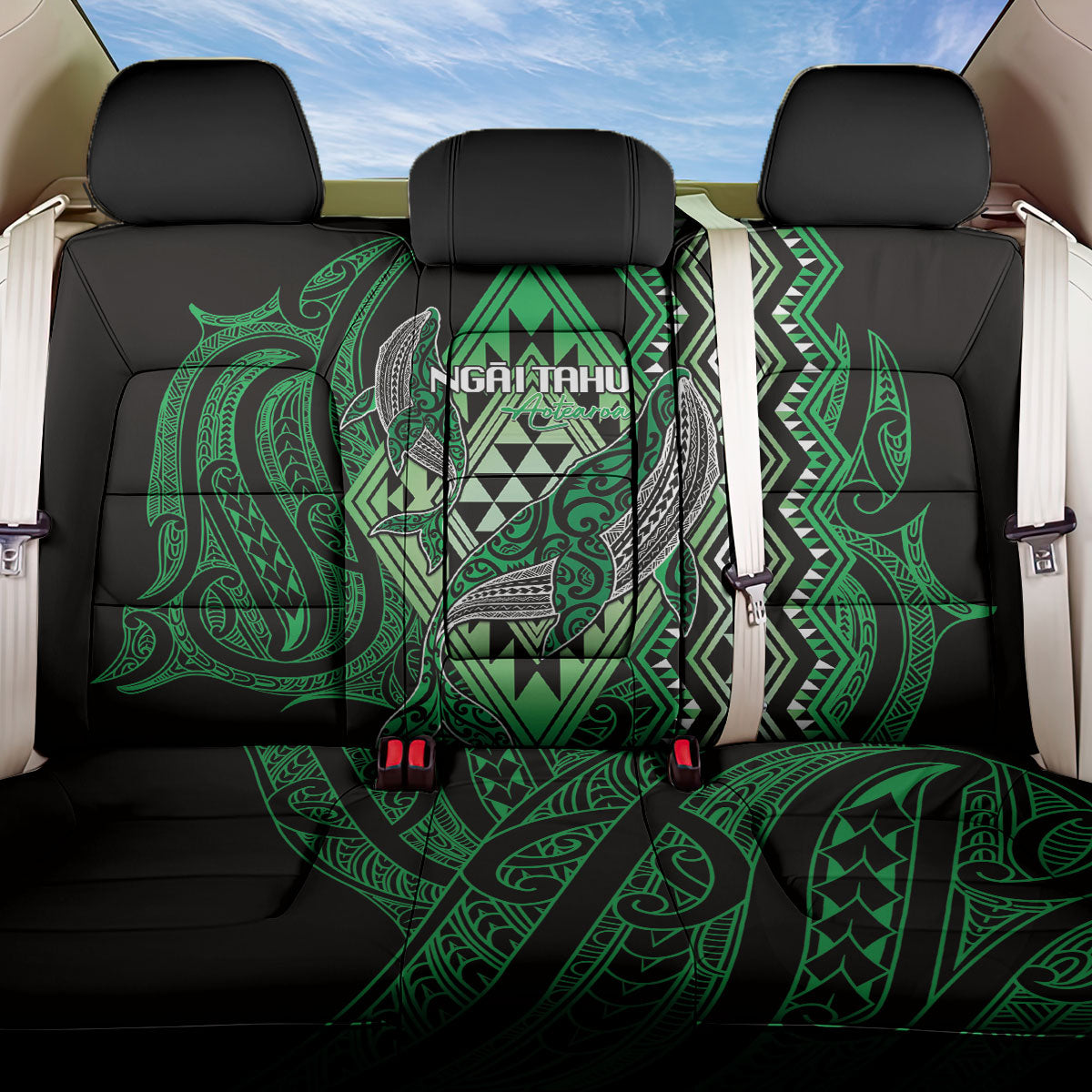 Aotearoa Iwi Ngai Tahu Back Car Seat Cover NZ Maori Humpback Whale Taniko Motifs LT14 One Size Green - Polynesian Pride