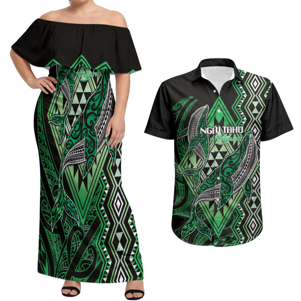 Aotearoa Iwi Ngai Tahu Personalised Couples Matching Off Shoulder Maxi Dress and Hawaiian Shirt NZ Maori Humpback Whale Taniko Motifs LT14 Green - Polynesian Pride