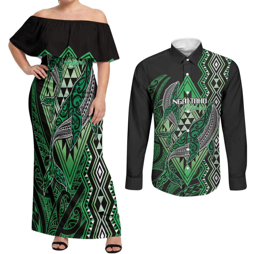 Aotearoa Iwi Ngai Tahu Personalised Couples Matching Off Shoulder Maxi Dress and Long Sleeve Button Shirt NZ Maori Humpback Whale Taniko Motifs LT14 Green - Polynesian Pride