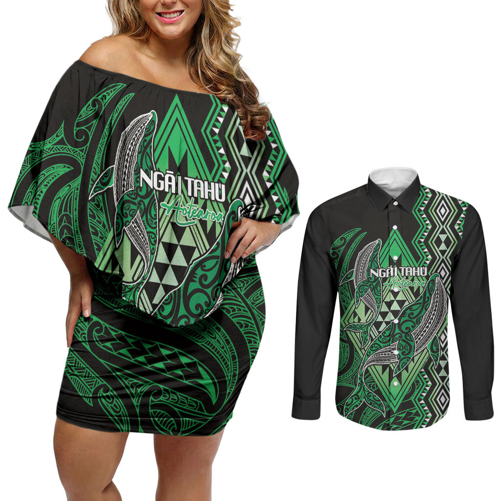 Aotearoa Iwi Ngai Tahu Personalised Couples Matching Off Shoulder Short Dress and Long Sleeve Button Shirt NZ Maori Humpback Whale Taniko Motifs LT14 Green - Polynesian Pride