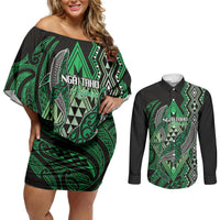 Aotearoa Iwi Ngai Tahu Personalised Couples Matching Off Shoulder Short Dress and Long Sleeve Button Shirt NZ Maori Humpback Whale Taniko Motifs LT14 Green - Polynesian Pride