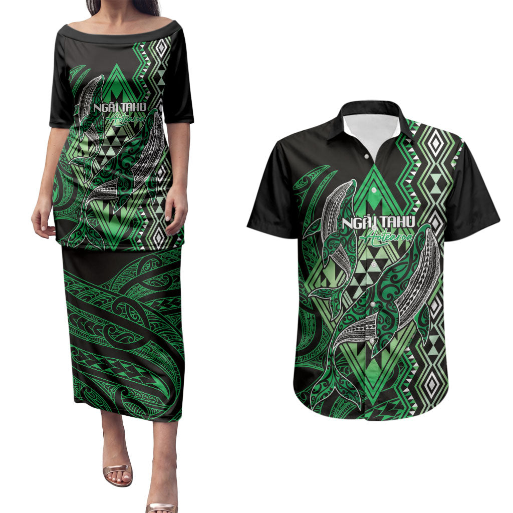 Aotearoa Iwi Ngai Tahu Personalised Couples Matching Puletasi and Hawaiian Shirt NZ Maori Humpback Whale Taniko Motifs LT14 Green - Polynesian Pride