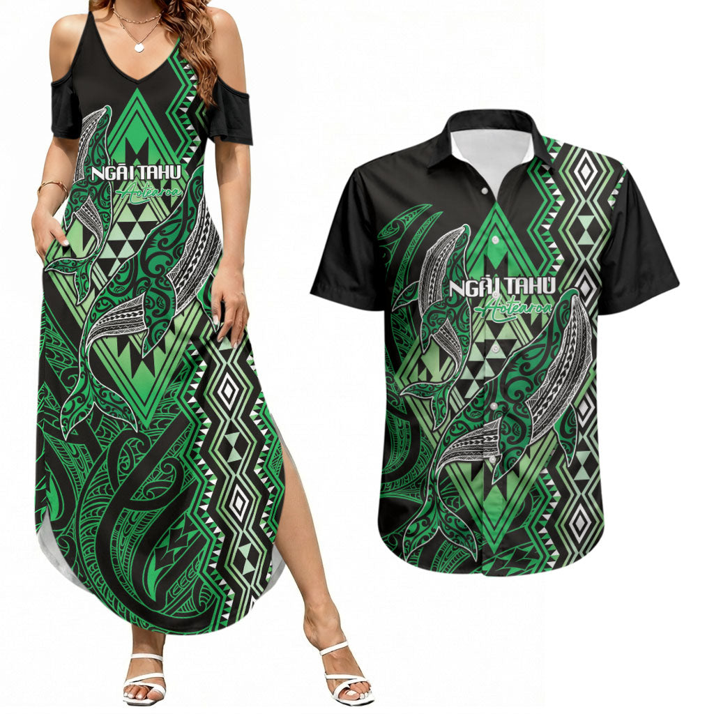 Aotearoa Iwi Ngai Tahu Personalised Couples Matching Summer Maxi Dress and Hawaiian Shirt NZ Maori Humpback Whale Taniko Motifs LT14 Green - Polynesian Pride