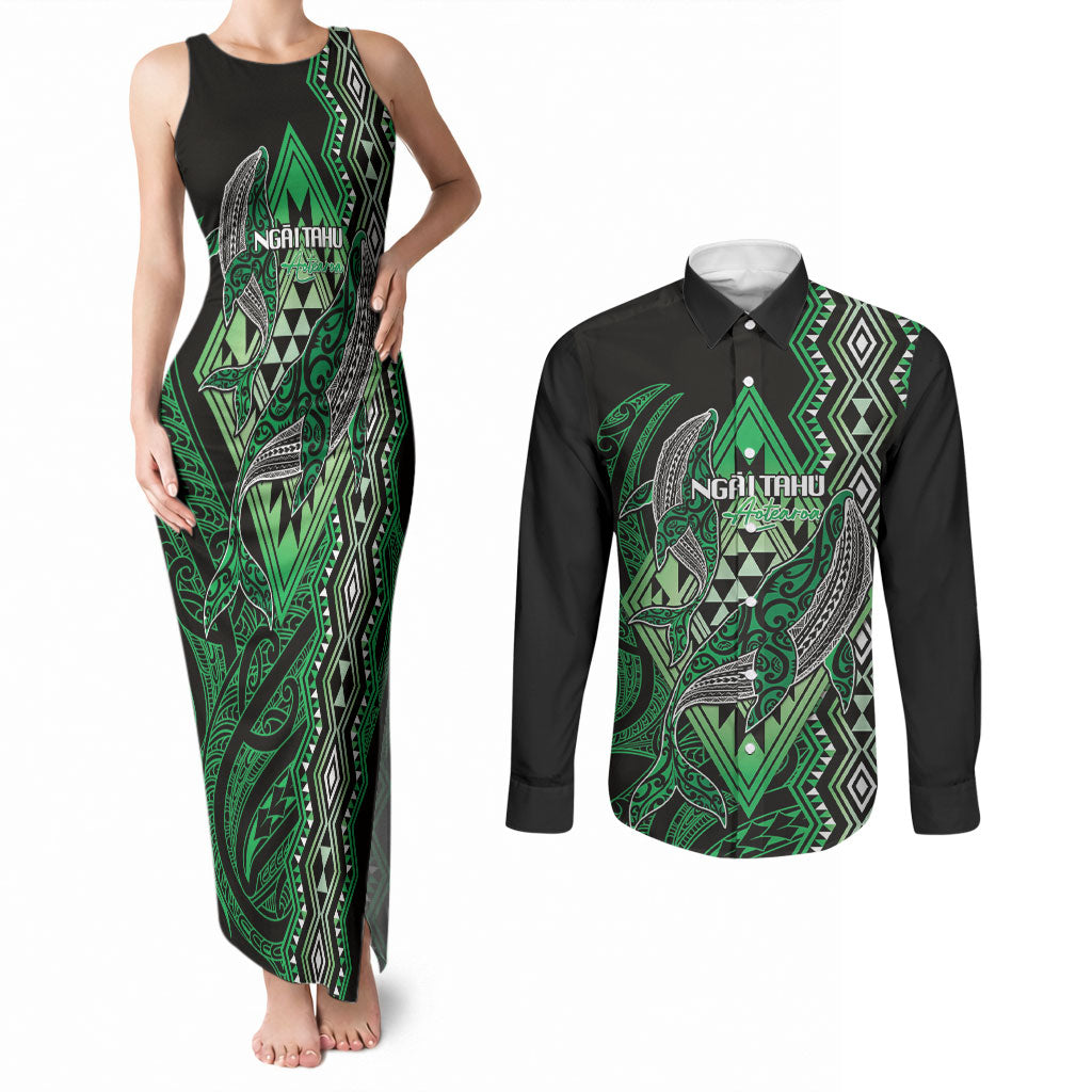 Aotearoa Iwi Ngai Tahu Personalised Couples Matching Tank Maxi Dress and Long Sleeve Button Shirt NZ Maori Humpback Whale Taniko Motifs LT14 Green - Polynesian Pride