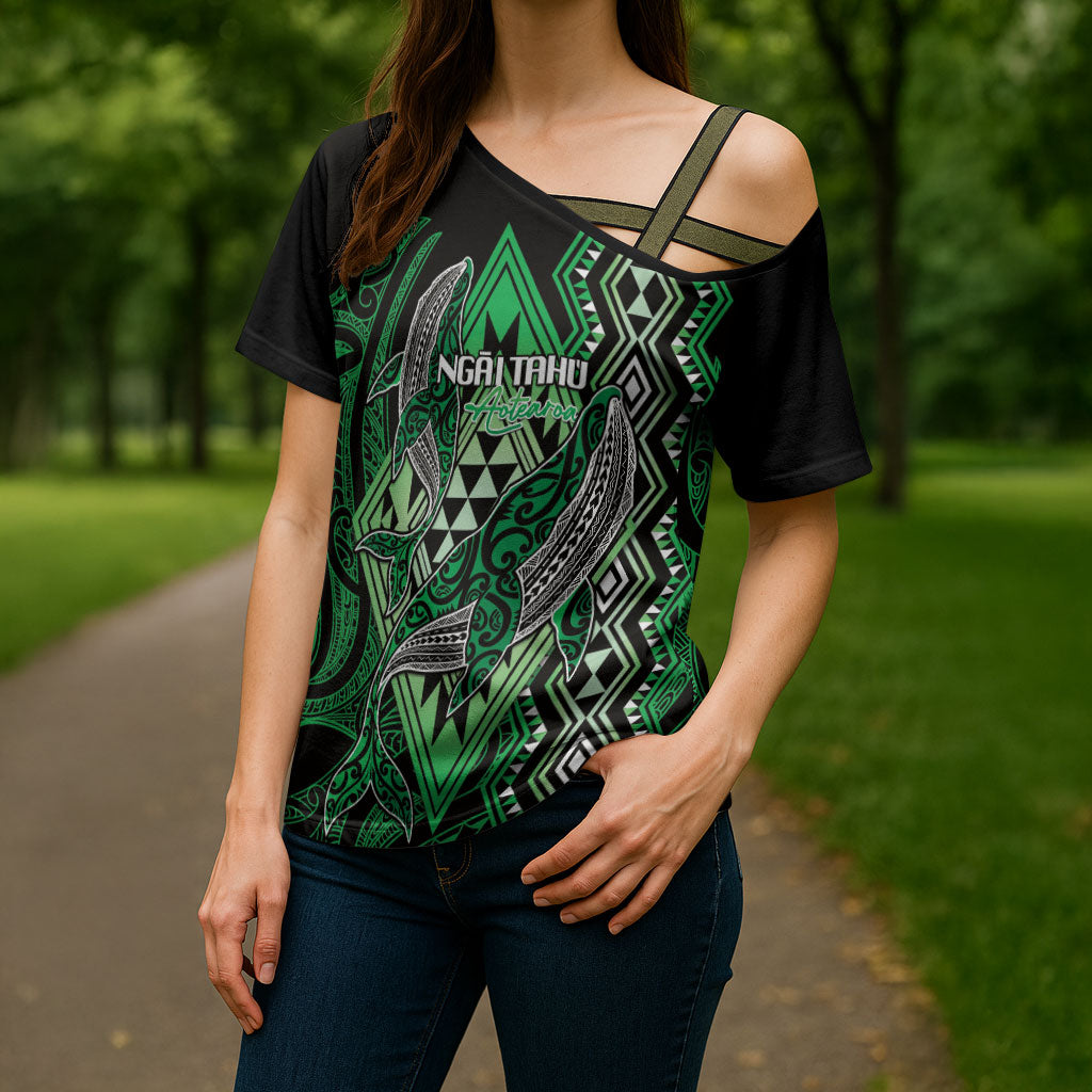 Aotearoa Iwi Ngai Tahu Personalised Cross Shoulder Shirt NZ Maori Humpback Whale Taniko Motifs LT14 - Polynesian Pride