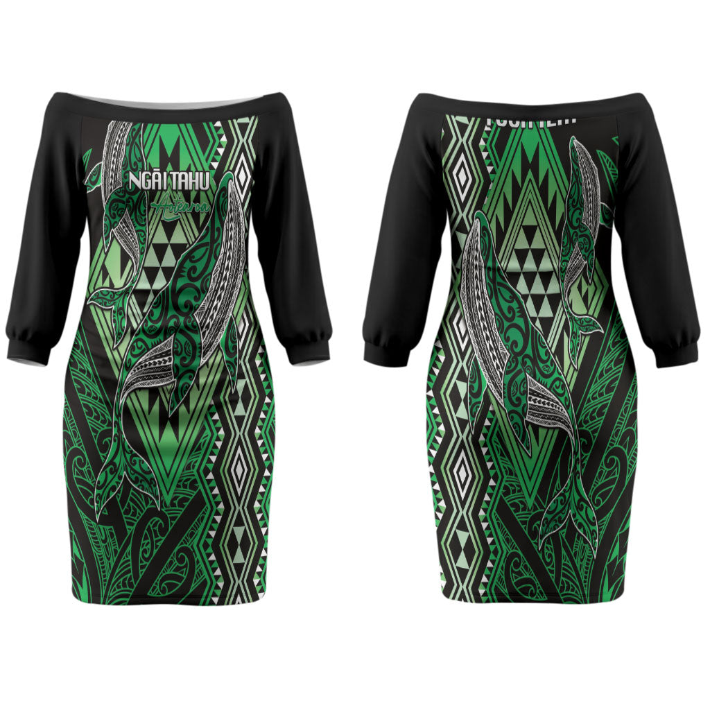 Aotearoa Iwi Ngai Tahu Personalised Family Matching Off The Shoulder Long Sleeve Dress and Hawaiian Shirt NZ Maori Humpback Whale Taniko Motifs LT14 Mom's Dress Green - Polynesian Pride