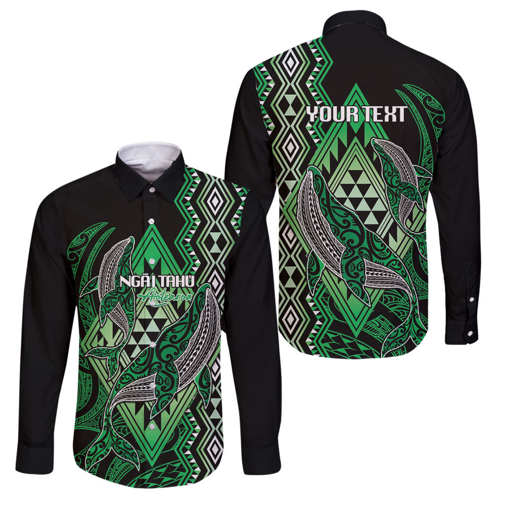 Aotearoa Iwi Ngai Tahu Personalised Family Matching Tank Maxi Dress and Hawaiian Shirt NZ Maori Humpback Whale Taniko Motifs LT14 Dad's Shirt - Long Sleeve Green - Polynesian Pride