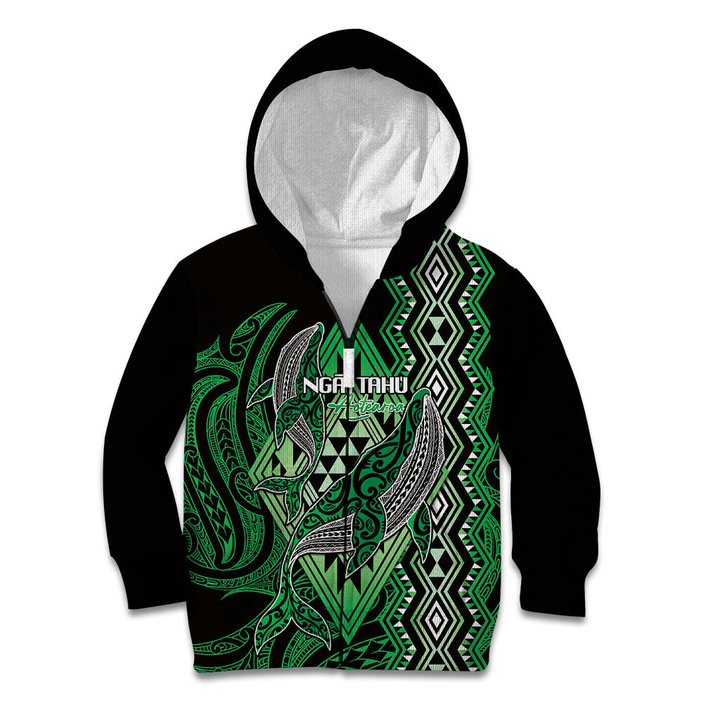 Aotearoa Iwi Ngai Tahu Personalised Kid Hoodie NZ Maori Humpback Whale Taniko Motifs LT14 Zip Hoodie Green - Polynesian Pride