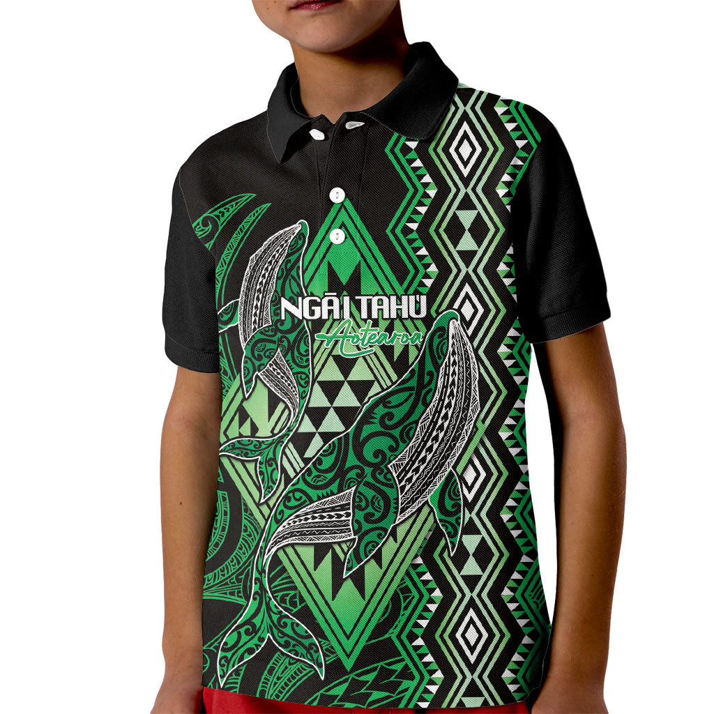 Aotearoa Iwi Ngai Tahu Personalised Kid Polo Shirt NZ Maori Humpback Whale Taniko Motifs LT14 Kid Green - Polynesian Pride
