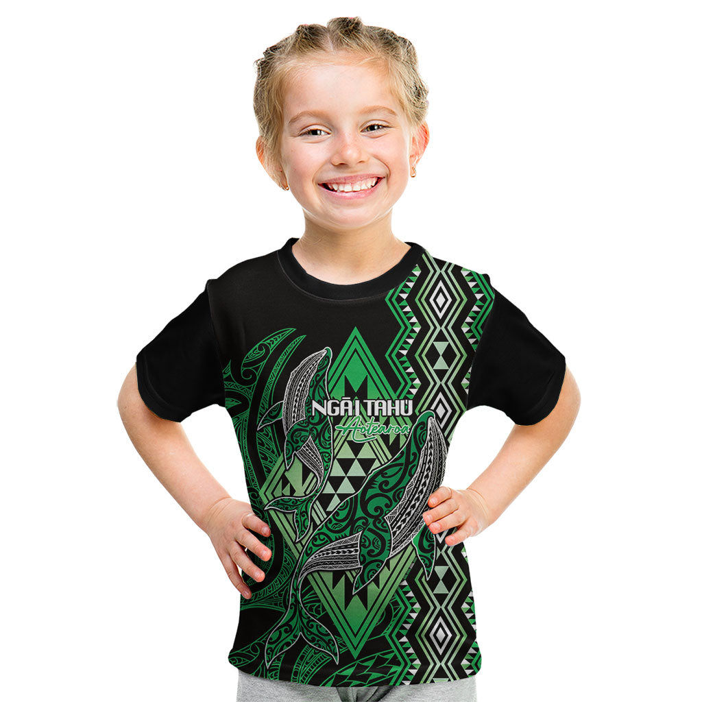 Aotearoa Iwi Ngai Tahu Personalised Kid T Shirt NZ Maori Humpback Whale Taniko Motifs LT14 Green - Polynesian Pride