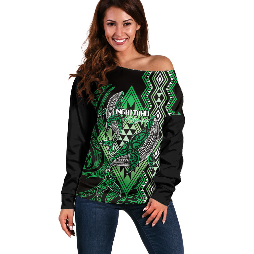 Aotearoa Iwi Ngai Tahu Personalised Off Shoulder Sweater NZ Maori Humpback Whale Taniko Motifs